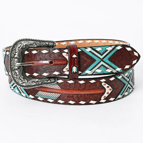 LC-ADBLF104 Hand-Tooled Arrow & Tribal Pattern Western Leather Belt with Engraved Buckle