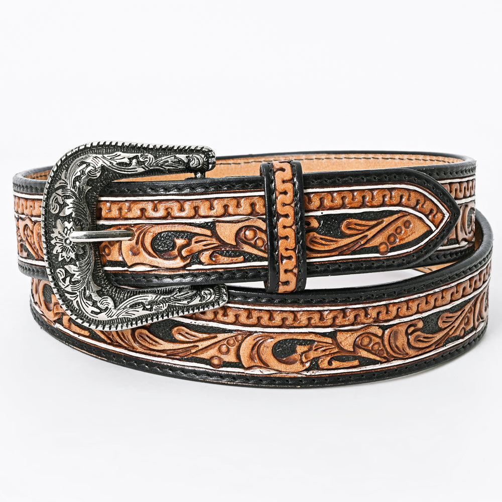 ADBLF109 Tooled Western Leather Belt - Black & Tan with Scrollwork and Silver Buckle