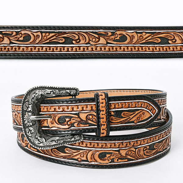 ADBLF109 Tooled Western Leather Belt - Black & Tan with Scrollwork and Silver Buckle