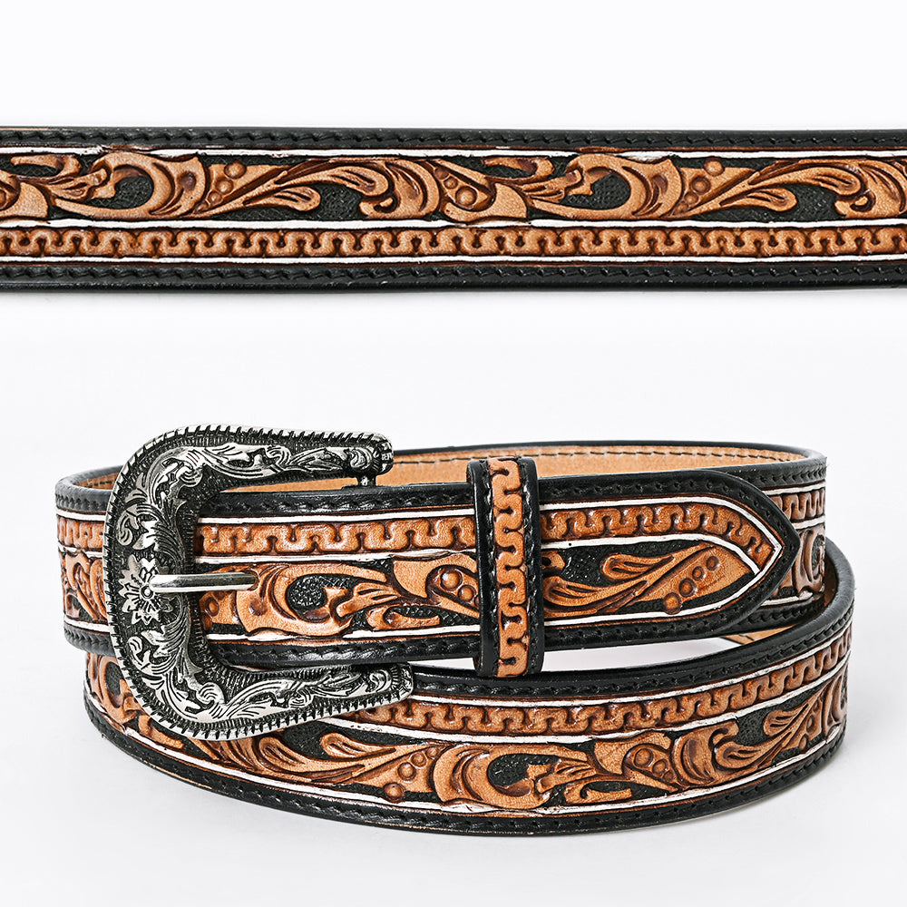 ADBLF109 Tooled Western Leather Belt - Black & Tan with Scrollwork and Silver Buckle