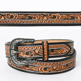 ADBLF109 Tooled Western Leather Belt - Black & Tan with Scrollwork and Silver Buckle