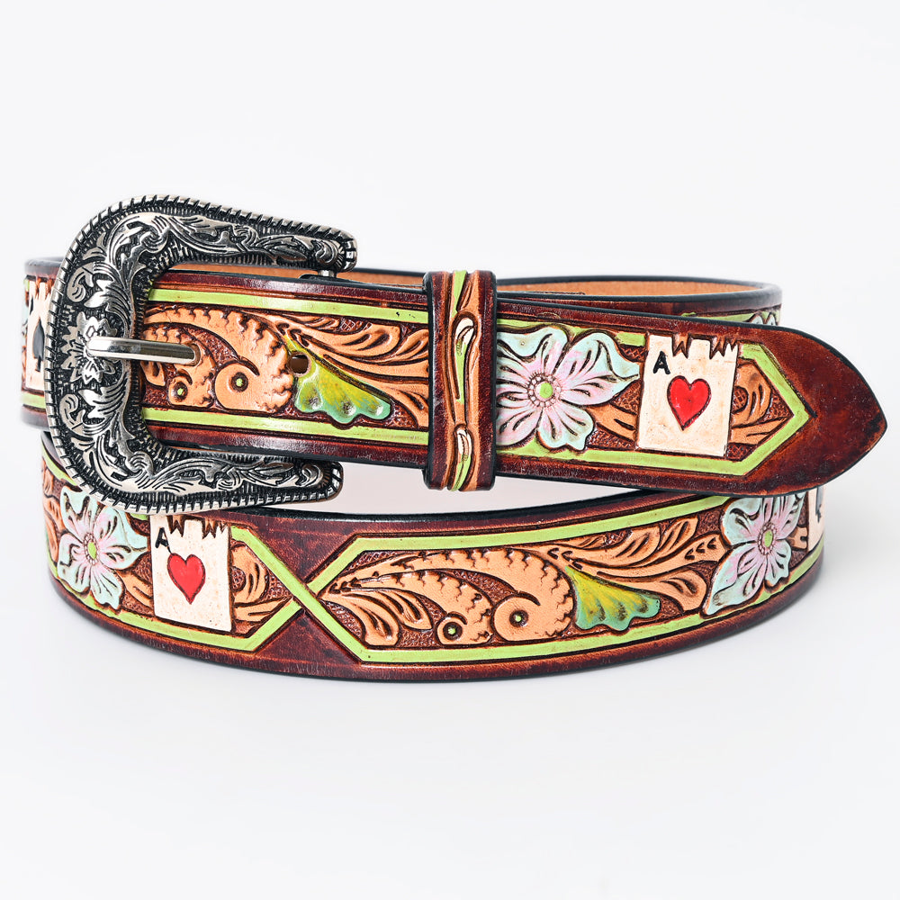 LC-ADBLF156 Tooled Leather Belt - Poker Card Floral Design with Hand-Painted Accents