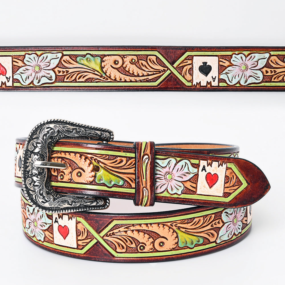 LC-ADBLF156 Tooled Leather Belt - Poker Card Floral Design with Hand-Painted Accents