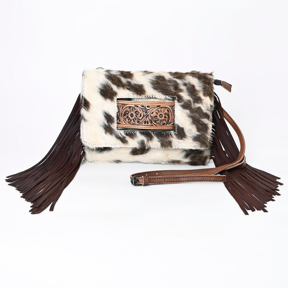 ADBG360 Hair-On Cowhide Crossbody Bag with Fringe and Tooled Leather Flap - Handmade Western Purse