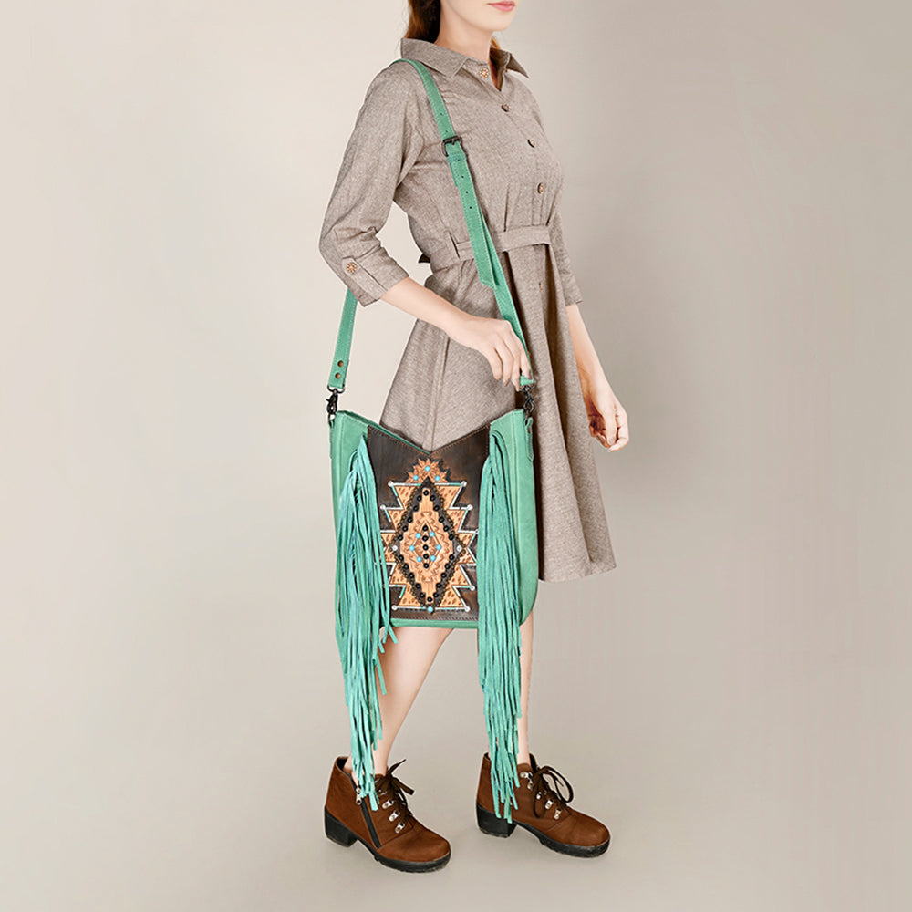 ADBG1199 Mint Fringe Leather Crossbody Bag - Tooled Aztec Design with Gemstone Accents