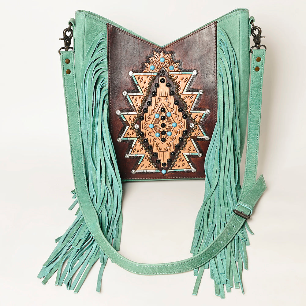 ADBG1199 Mint Fringe Leather Crossbody Bag - Tooled Aztec Design with Gemstone Accents
