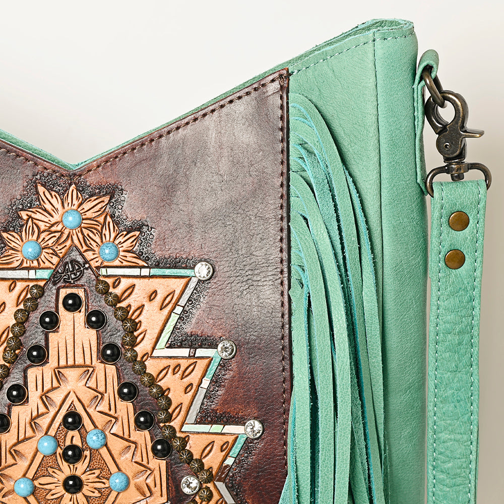 ADBG1199 Mint Fringe Leather Crossbody Bag - Tooled Aztec Design with Gemstone Accents
