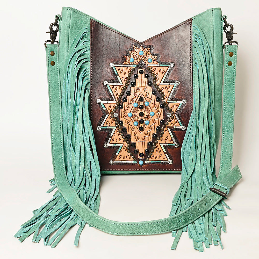 ADBG1199 Mint Fringe Leather Crossbody Bag - Tooled Aztec Design with Gemstone Accents