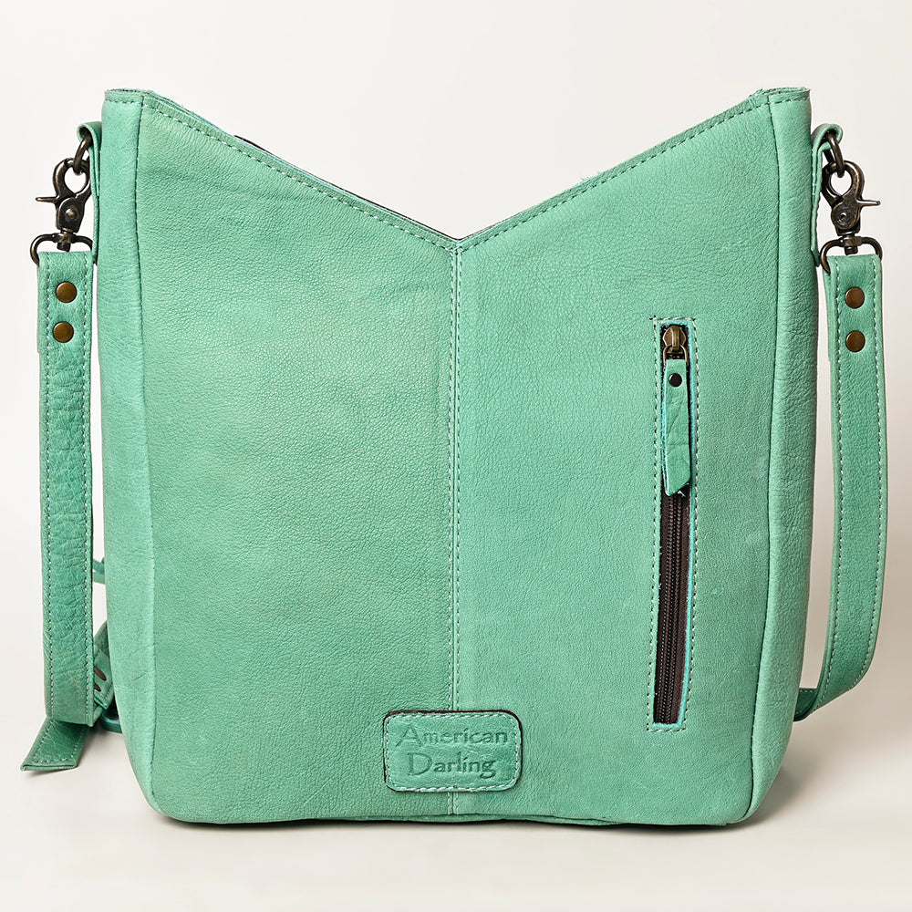 ADBG1199 Mint Fringe Leather Crossbody Bag - Tooled Aztec Design with Gemstone Accents