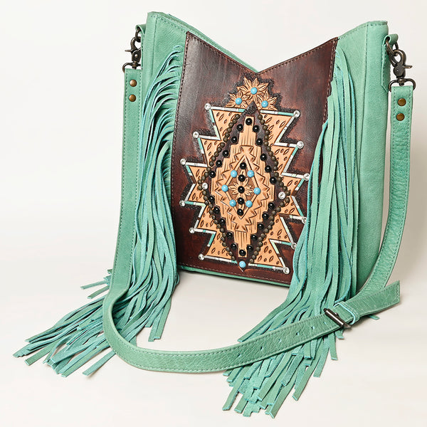 ADBG1199 Mint Fringe Leather Crossbody Bag - Tooled Aztec Design with Gemstone Accents