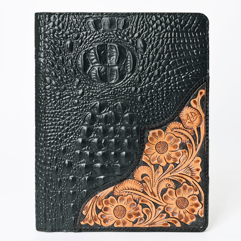 ADBG1040P Black Crocodile Embossed Leather Bible/Journal Cover-Hand-Tooled Floral Corner Patch