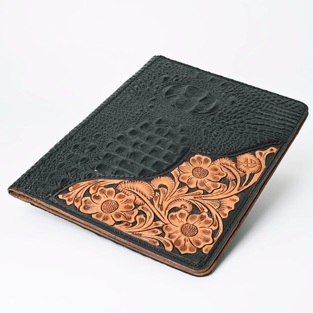 ADBG1040P Black Crocodile Embossed Leather Bible/Journal Cover-Hand-Tooled Floral Corner Patch