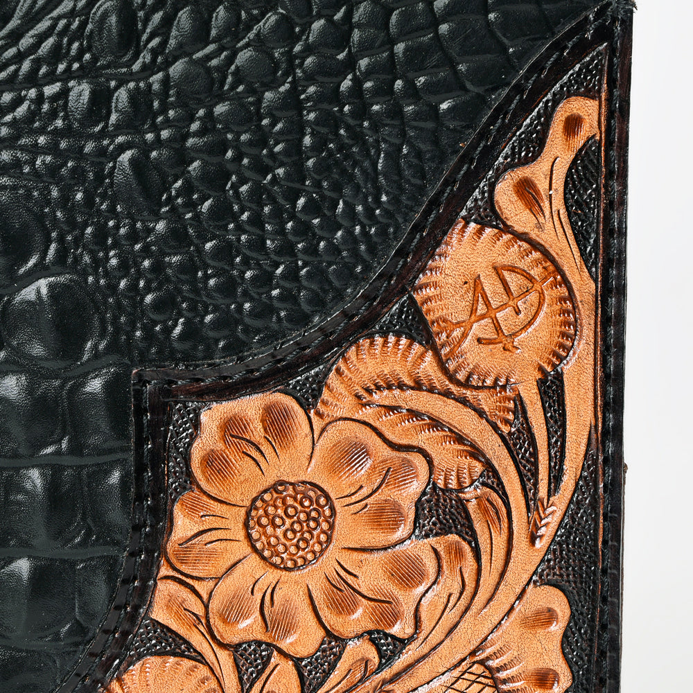 ADBG1040P Black Crocodile Embossed Leather Bible/Journal Cover-Hand-Tooled Floral Corner Patch