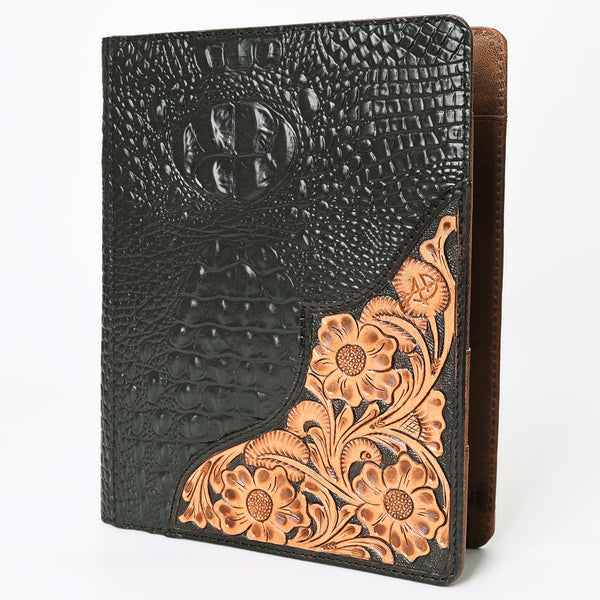 ADBG1040P Black Crocodile Embossed Leather Bible/Journal Cover-Hand-Tooled Floral Corner Patch