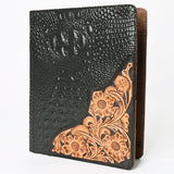 ADBG1040P Black Crocodile Embossed Leather Bible/Journal Cover-Hand-Tooled Floral Corner Patch
