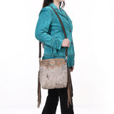 SKBA116 Crossbody Hand Tooled Saddle Leather and Upcycled Canvas Ladies Bag 13.5x12.5   KBA