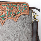 SKBA116 Crossbody Hand Tooled Saddle Leather and Upcycled Canvas Ladies Bag 13.5x12.5   KBA