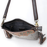 SKBA116 Crossbody Hand Tooled Saddle Leather and Upcycled Canvas Ladies Bag 13.5x12.5   KBA