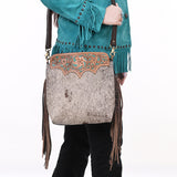 SKBA116 Crossbody Hand Tooled Saddle Leather and Upcycled Canvas Ladies Bag 13.5x12.5   KBA