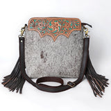 SKBA116 Crossbody Hand Tooled Saddle Leather and Upcycled Canvas Ladies Bag 13.5x12.5   KBA