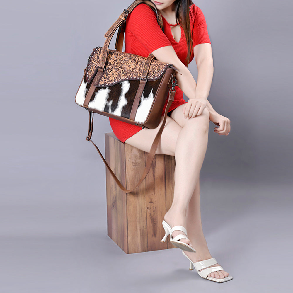 American Darling Western Hair-On Cowhide Tote Bag with Hand-Tooled Leather & Floral Carved Strap