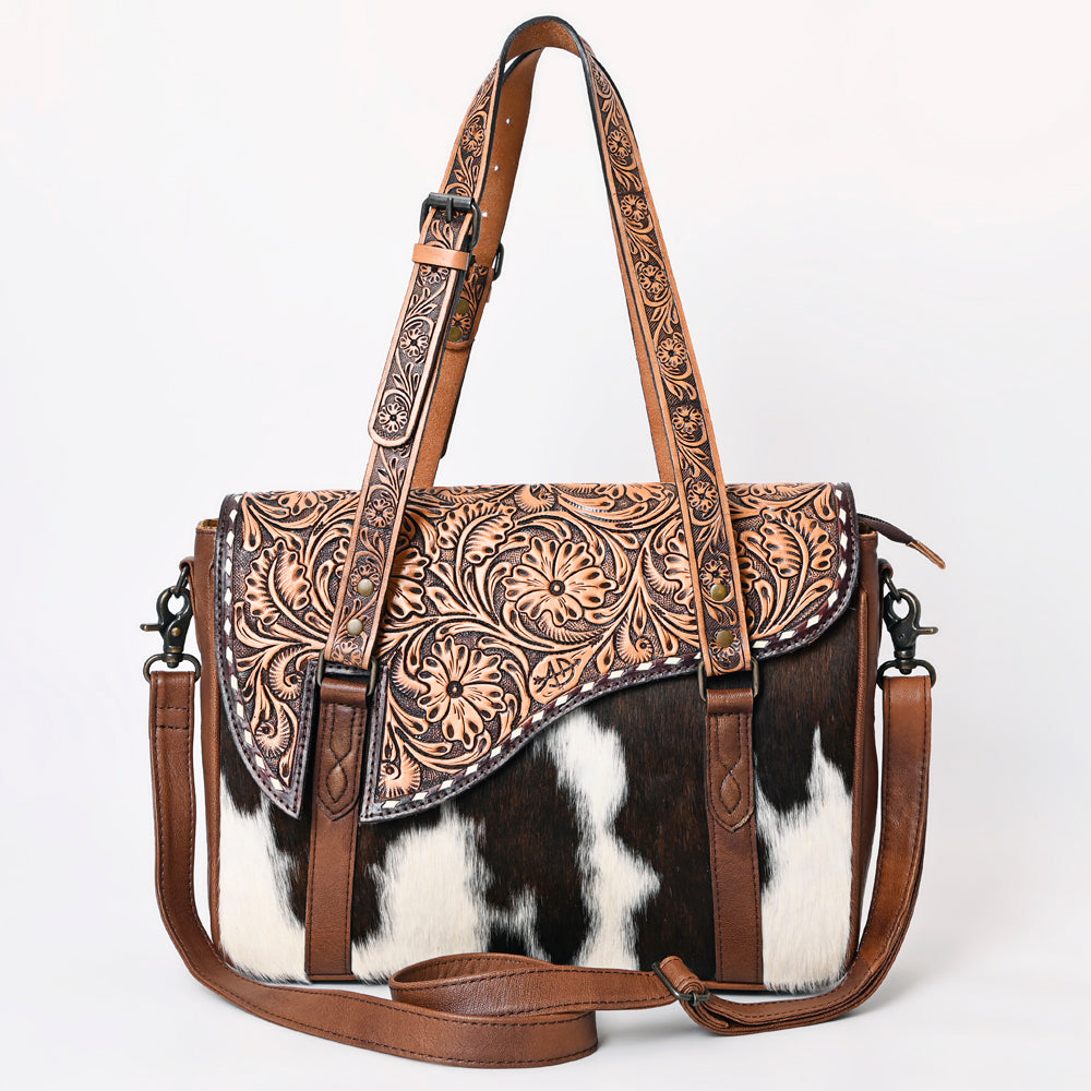 American Darling Western Hair-On Cowhide Tote Bag with Hand-Tooled Leather & Floral Carved Strap