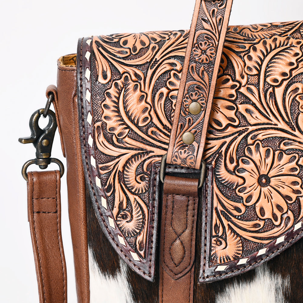 American Darling Western Hair-On Cowhide Tote Bag with Hand-Tooled Leather & Floral Carved Strap