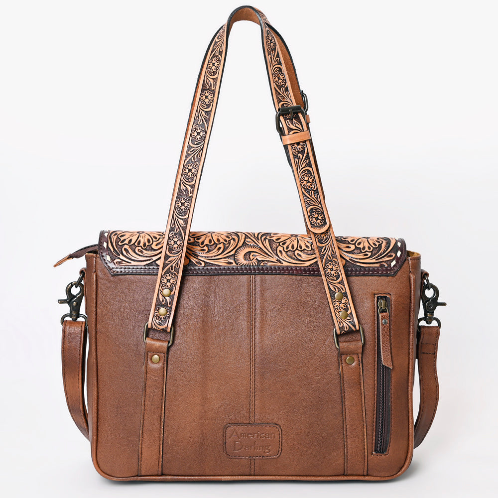 American Darling Western Hair-On Cowhide Tote Bag with Hand-Tooled Leather & Floral Carved Strap