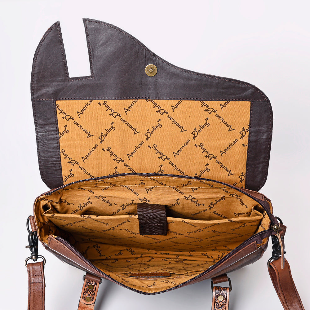 American Darling Western Hair-On Cowhide Tote Bag with Hand-Tooled Leather & Floral Carved Strap