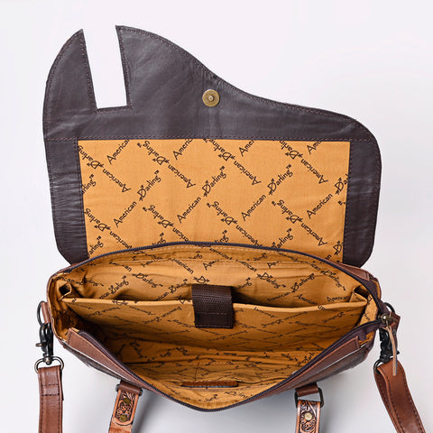American Darling Western Hair-On Cowhide Tote Bag with Hand-Tooled Leather & Floral Carved Strap