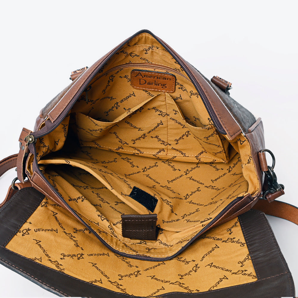 American Darling Western Hair-On Cowhide Tote Bag with Hand-Tooled Leather & Floral Carved Strap