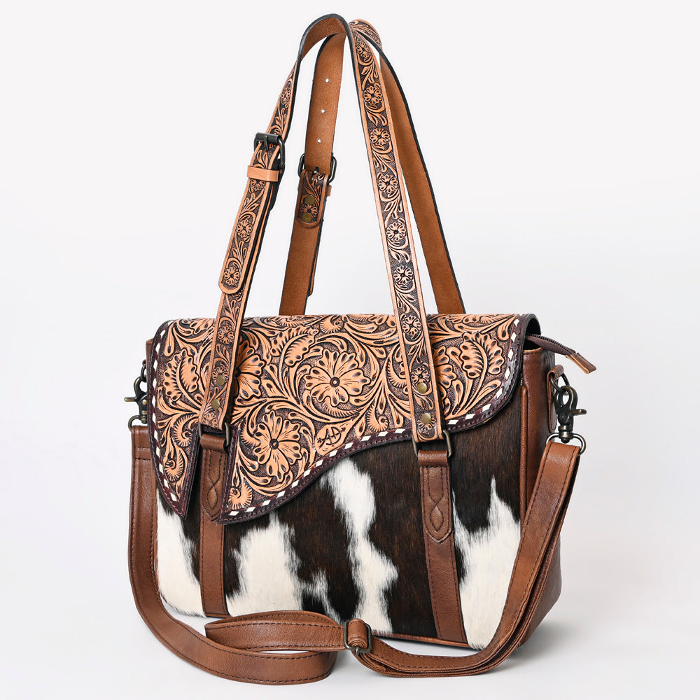 American Darling Western Hair-On Cowhide Tote Bag with Hand-Tooled Leather & Floral Carved Strap