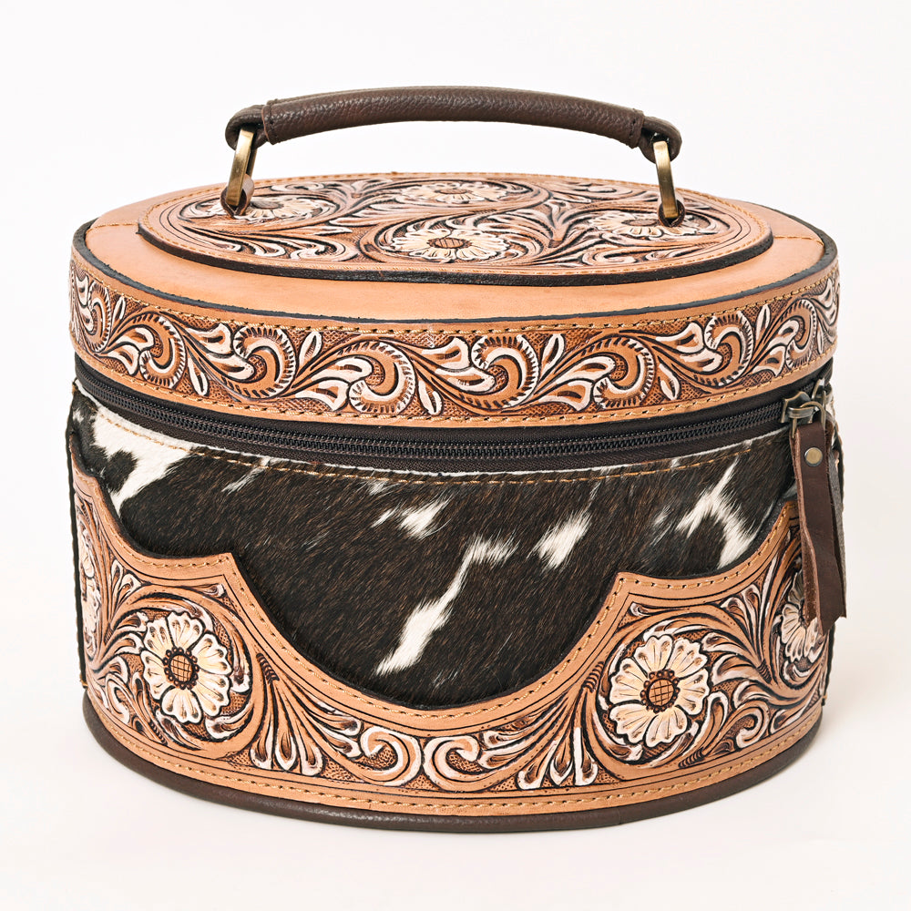 ADBGA416 Oval Hair-On Hide Jewelry Case Hand Tooled Western Leather Organizer