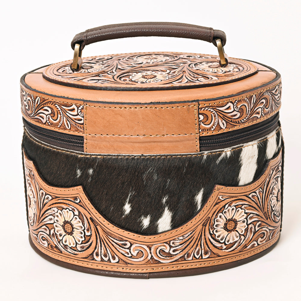 ADBGA416 Oval Hair-On Hide Jewelry Case Hand Tooled Western Leather Organizer