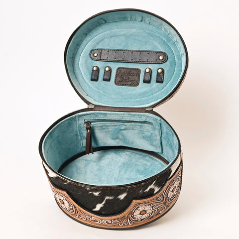 American Darling Oval Hair-On Hide Jewelry Case Hand Tooled Western Leather Organizer