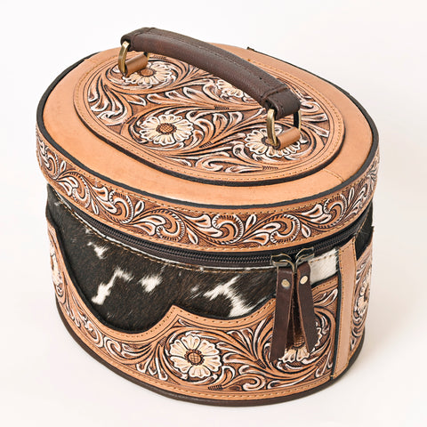 American Darling Oval Hair-On Hide Jewelry Case Hand Tooled Western Leather Organizer