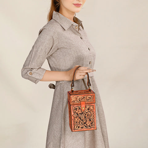 American Darling Hand Tooled Floral Carved Leather Jewelry Case Western Box