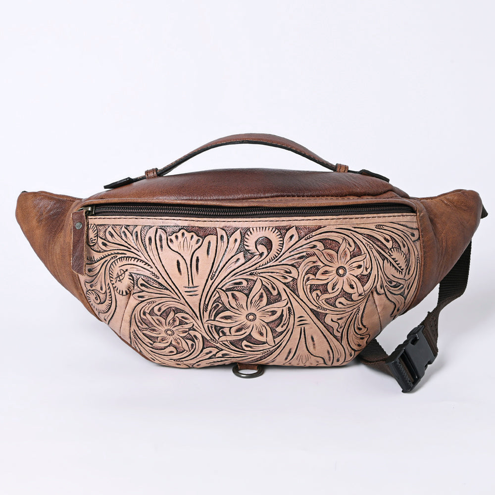 ADBG1211 Hand-Tooled Leather Western Waist Bag - Brown Cowgirl Fanny Pack by American Darling