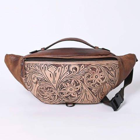 American Darling Western Hand-Tooled Leather Fanny Pack - Floral Carved Genuine Leather Belt Bag