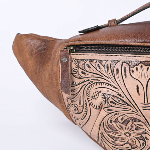 American Darling Western Hand-Tooled Leather Fanny Pack - Floral Carved Genuine Leather Belt Bag