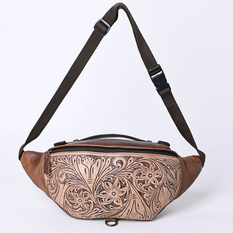 American Darling Western Hand-Tooled Leather Fanny Pack - Floral Carved Genuine Leather Belt Bag