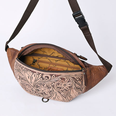 American Darling Western Hand-Tooled Leather Fanny Pack - Floral Carved Genuine Leather Belt Bag