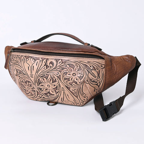 American Darling Western Hand-Tooled Leather Fanny Pack - Floral Carved Genuine Leather Belt Bag