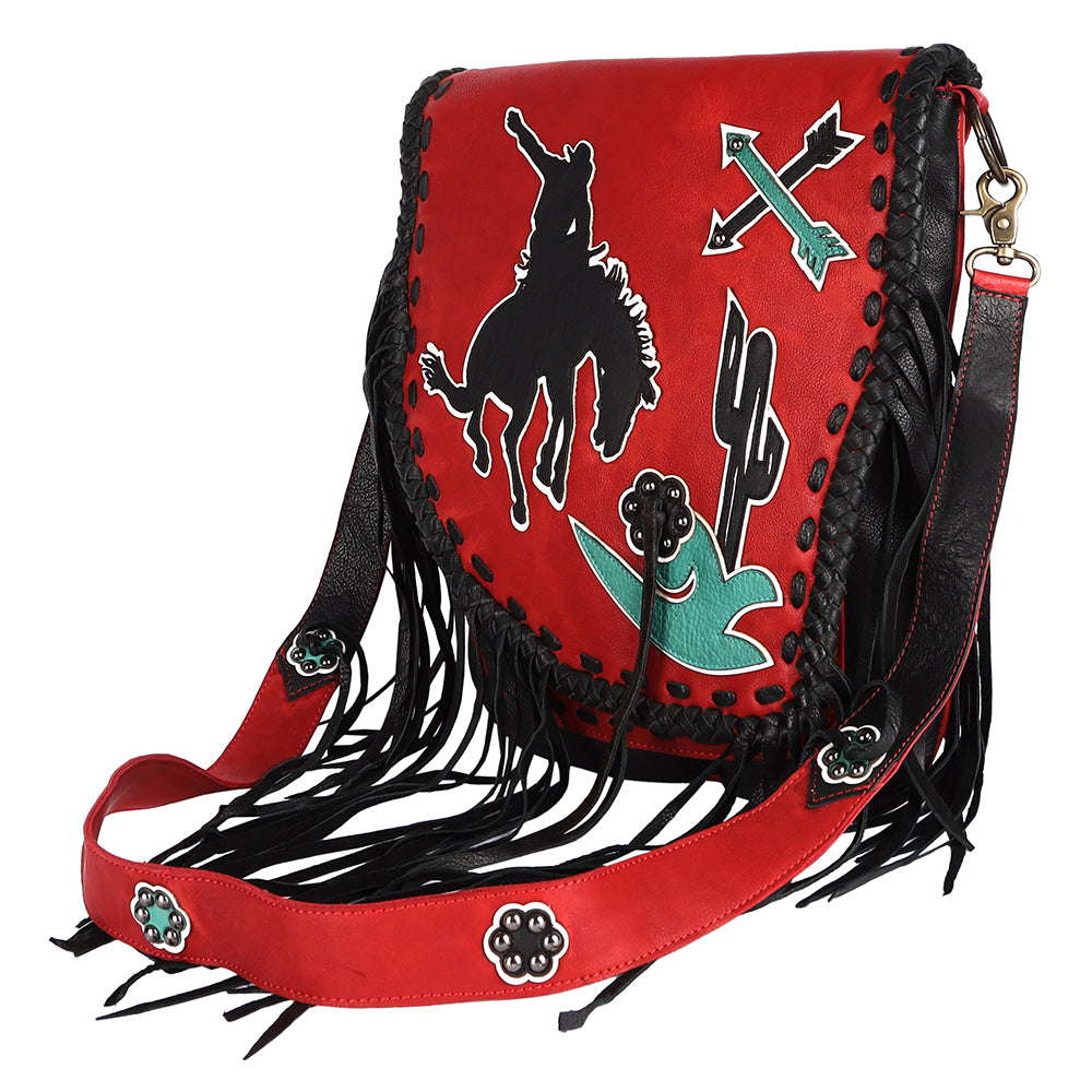 ADBGM352 Red Western Rodeo Leather Messenger Bag with Fringe & Applique- Cowgirl Statement Messenger