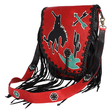 ADBGM352 Red Western Rodeo Leather Messenger Bag with Fringe & Applique- Cowgirl Statement Messenger