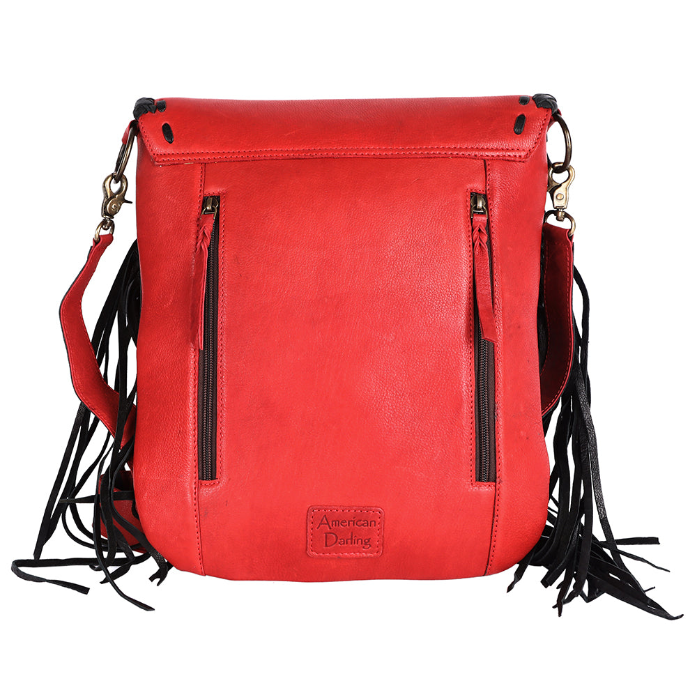 ADBGM352 Red Western Rodeo Leather Messenger Bag with Fringe & Applique- Cowgirl Statement Messenger