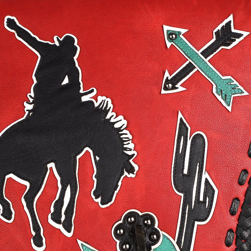ADBGM352 Red Western Rodeo Leather Messenger Bag with Fringe & Applique- Cowgirl Statement Messenger