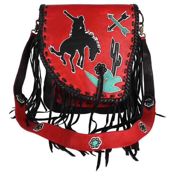 ADBGM352 Red Western Rodeo Leather Messenger Bag with Fringe & Applique- Cowgirl Statement Crossbody