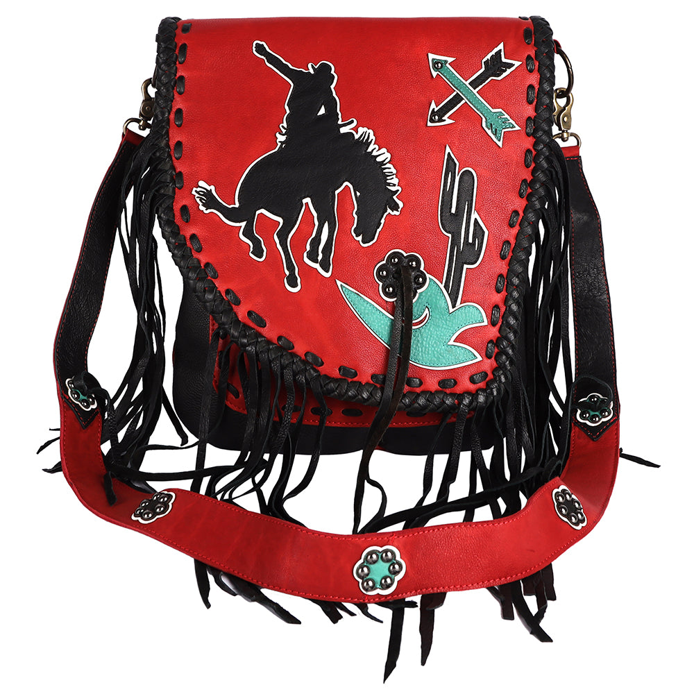 ADBGM352 Red Western Rodeo Leather Messenger Bag with Fringe & Applique- Cowgirl Statement Messenger