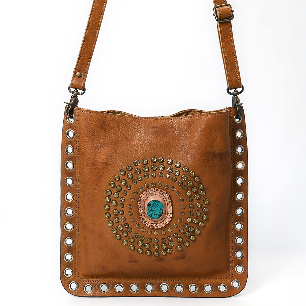 ADBGM353 Leather Crossbody Bag with Studded Circle & Turquoise Concho - Western Grommet Shoulder Purse